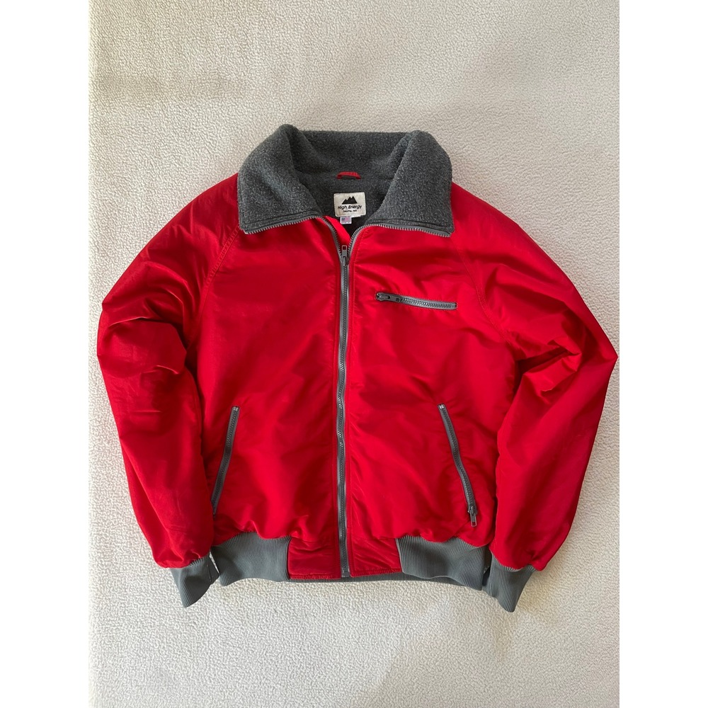 90s High Energy Mens Medium Bomber Jacket Red Fleece Lined‎ Made in USA Vintage